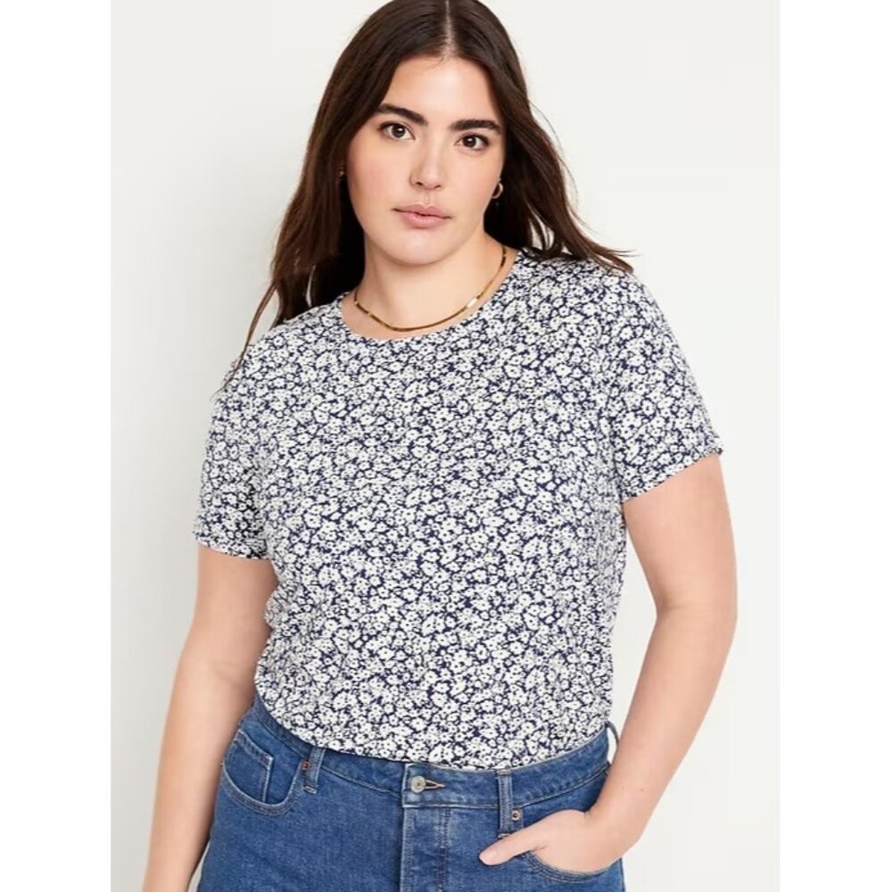 Old Navy womens NWT LUXE Crew Neck Tee blue white floral short sleeve XL